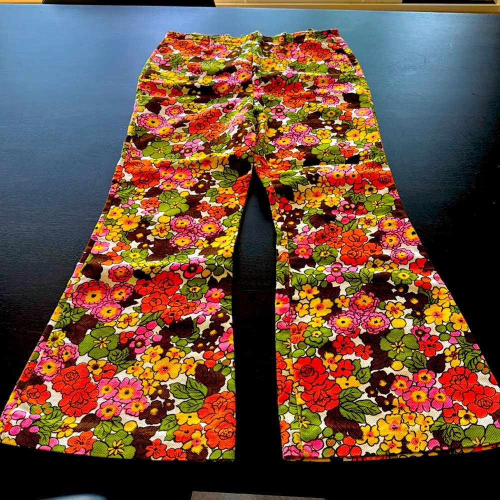 1960s flared pants with belt loops and zipper, mod floral pattern
